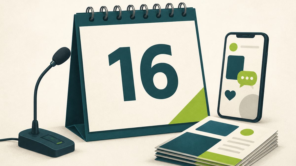 Ilustração editorial. Um calendário aberto no dia 16 aparece ao lado de um microfone, um celular e materiais impressos, em tons de verde-petróleo e verde-lima.