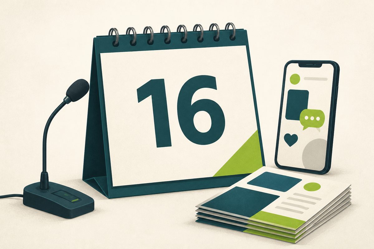 Ilustração editorial. Um calendário aberto no dia 16 aparece ao lado de um microfone, um celular e materiais impressos, em tons de verde-petróleo e verde-lima.